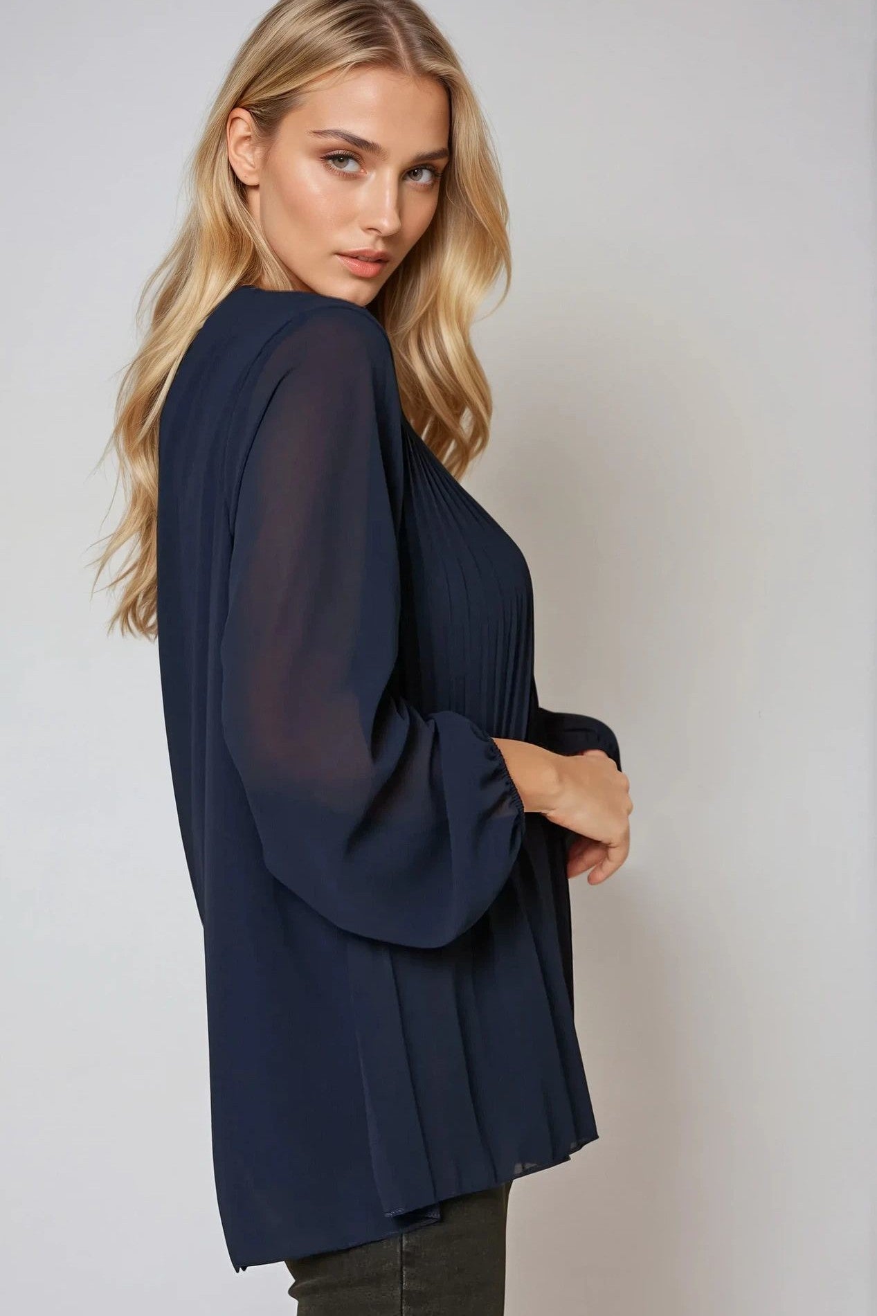 Navy Long Sleeve Pleated Blouse-1