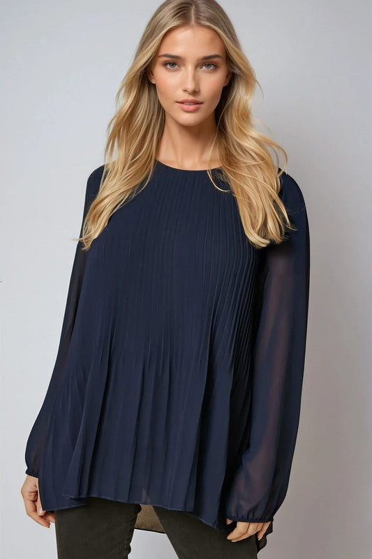 Navy Long Sleeve Pleated Blouse-0