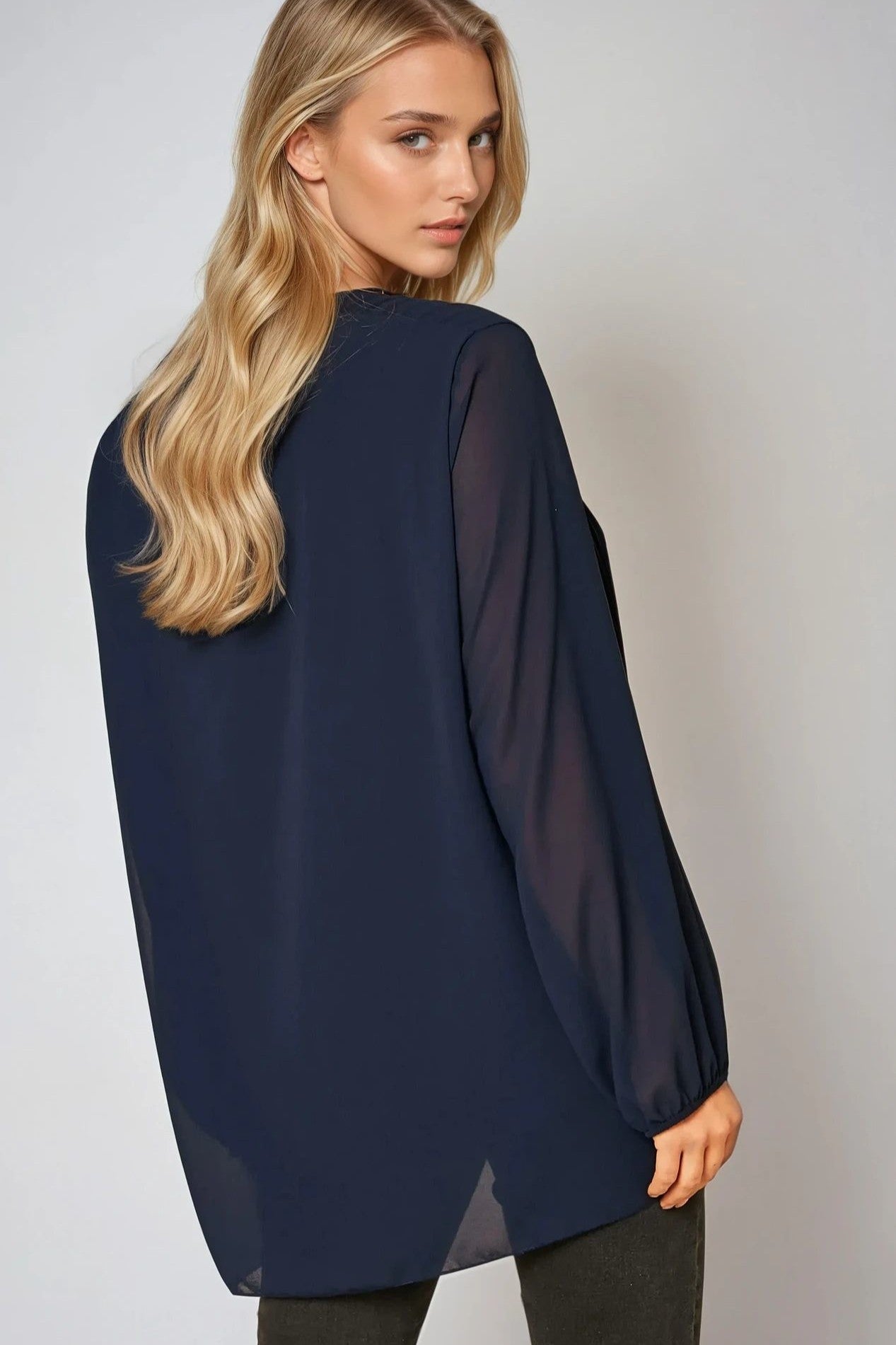 Navy Long Sleeve Pleated Blouse-2
